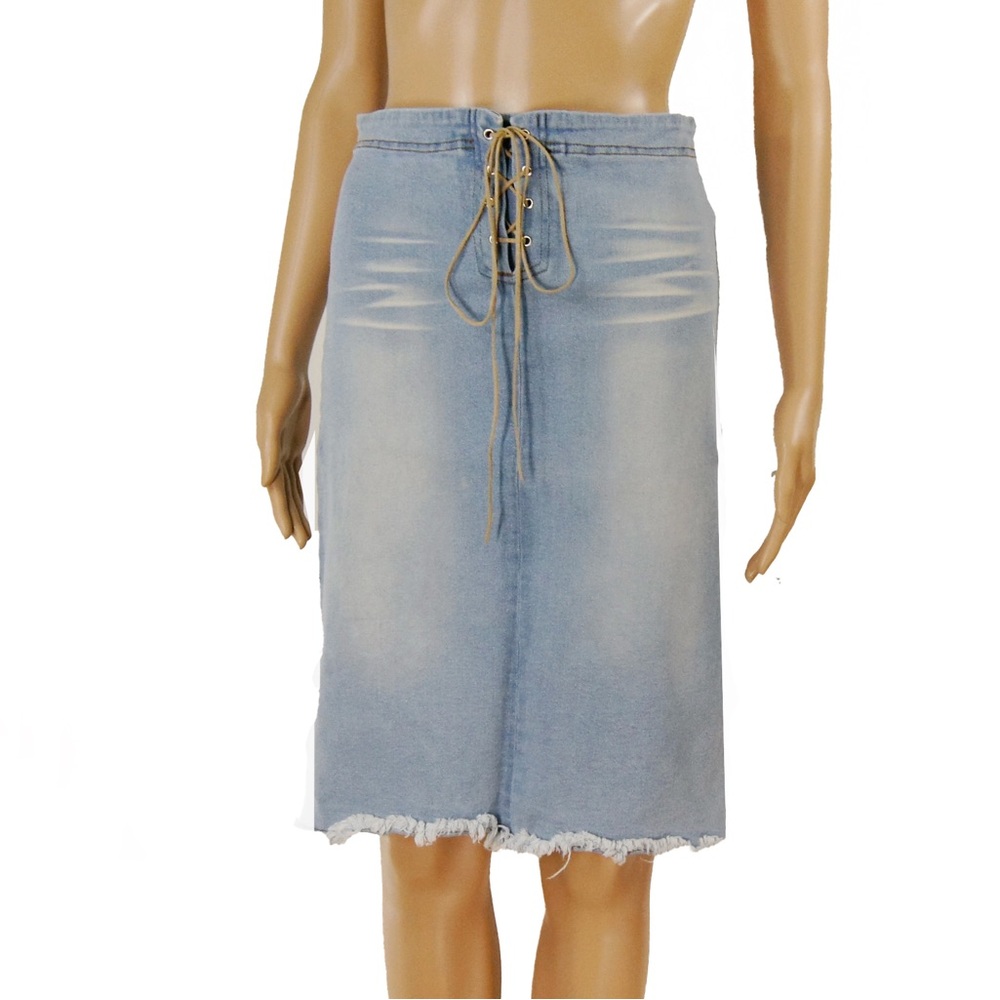 Vintage Y2K 2000s Stone Wash Suede Western Lace Up Midi Denim Jean Skirt